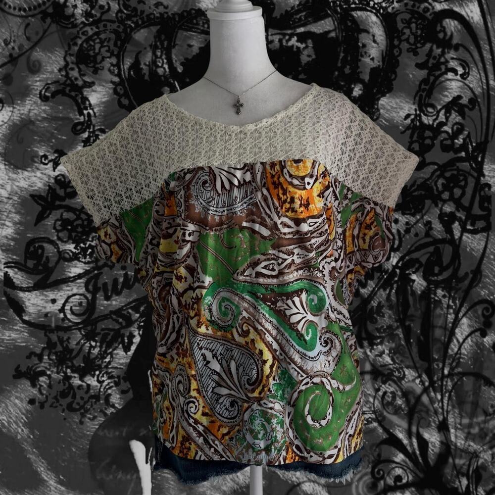 white green yellow brown paisley swirls open lace boho whimsical top